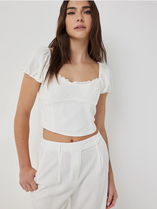 Ardene Tops - White Puff Sleeve Linen Crop Top with Sweetheart Neckline